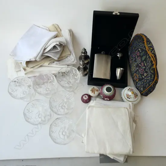 LINENS, 6 CRYSTAL SUNDAE GLASSES ETC