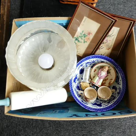 ASST. ITEMS; LIGHT FITTING, B/W BOWL, ROLLING PIN ETC