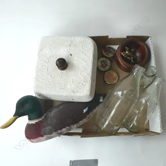 BUTTER DISH, DUCK DECOY, MILK BOTTLES ETC