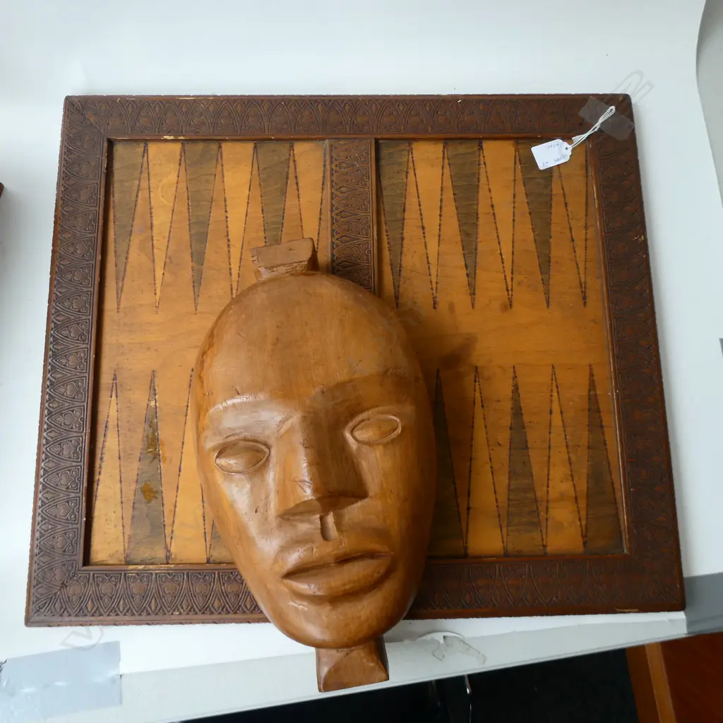 ASST. WOODEN ITEMS; BACK GAMMON BOARD, MASK, WALLETS ETC Image 1++