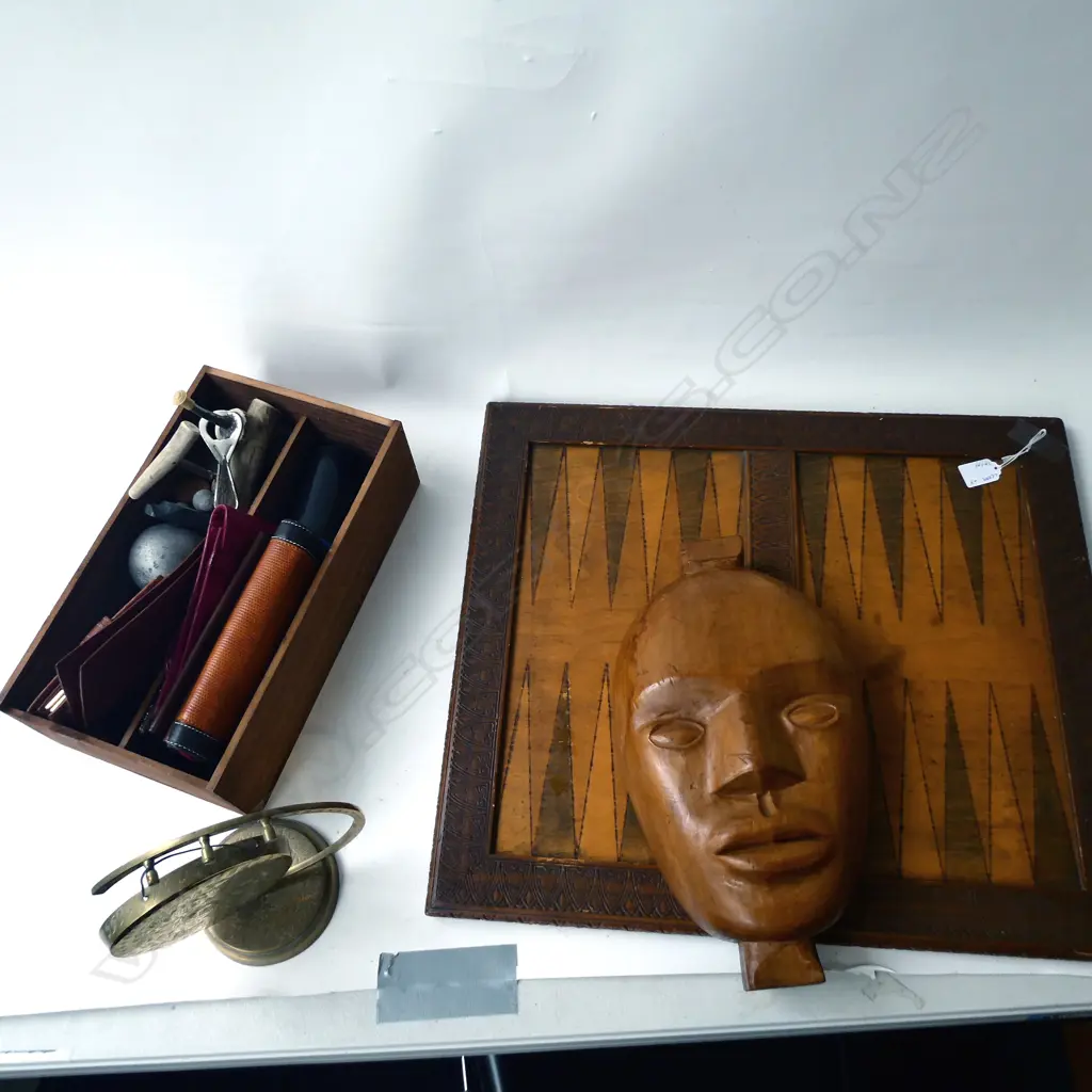 ASST. WOODEN ITEMS; BACK GAMMON BOARD, MASK, WALLETS ETC Image 1++
