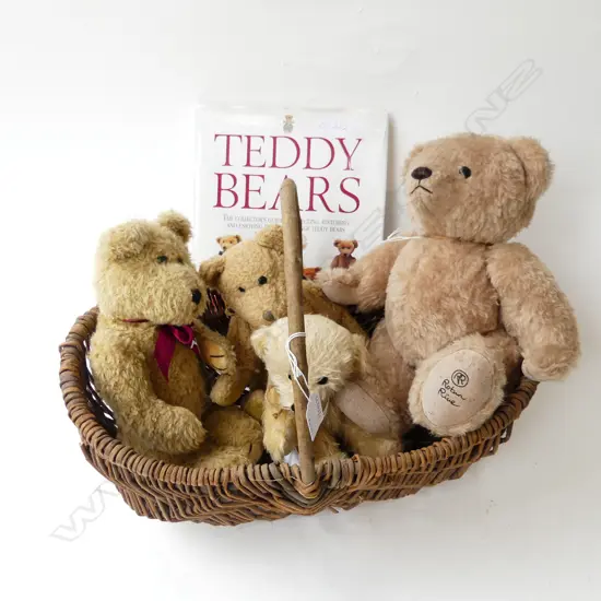 TEDDY BEAR BY ROBIN RIVE  3 OTHER BEARS IN CANE BASKET WITH TEDDY BEAR BOOK