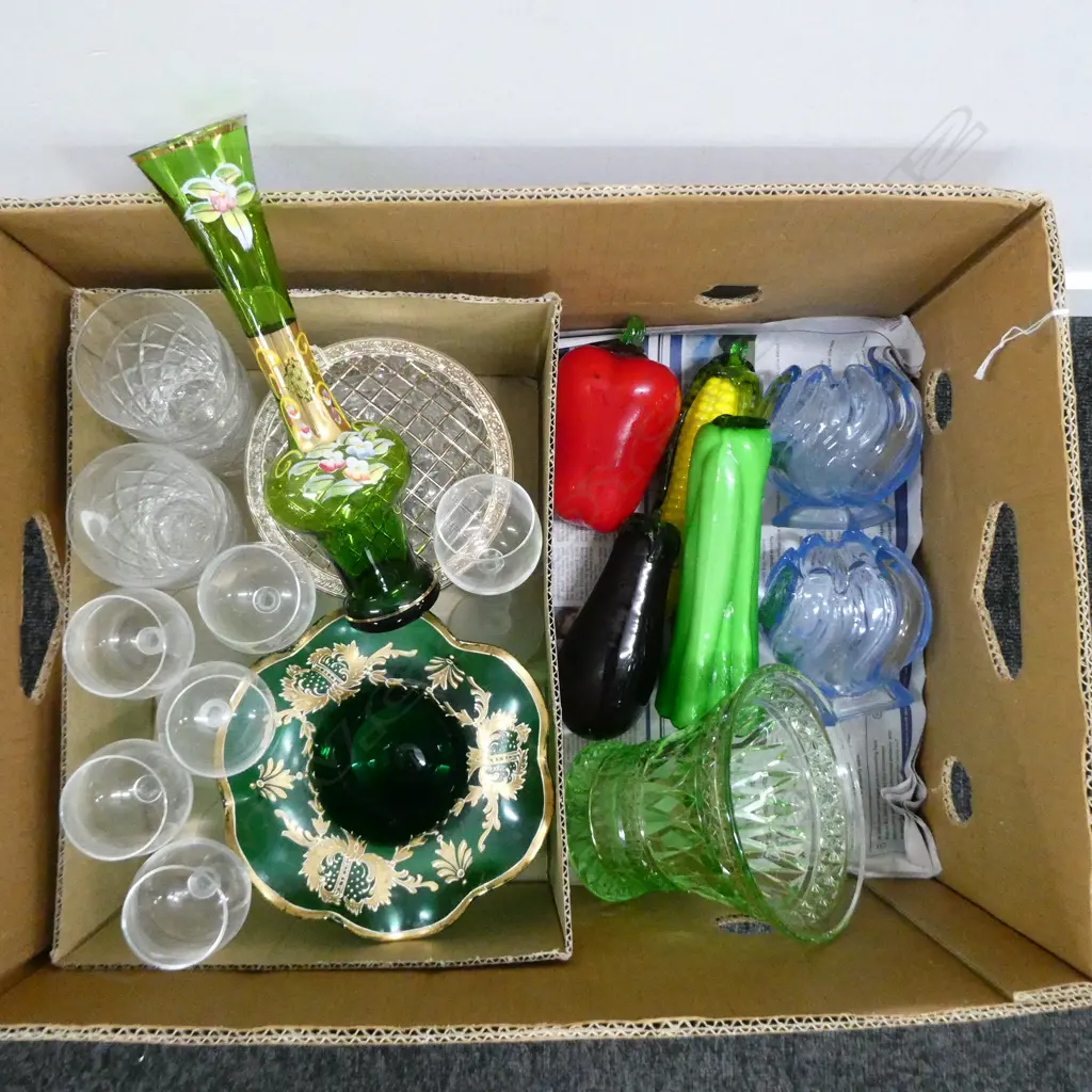BOX GLASS ITEMS; DEPRESSION GLASS, GLASS VEGETABLES, VENETIAN HAND PAINTED, CRYSTAL ROSE BOWL, WHISKEY & PORT GLASSES Image 1++