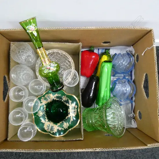 BOX GLASS ITEMS; DEPRESSION GLASS, GLASS VEGETABLES, VENETIAN HAND PAINTED, CRYSTAL ROSE BOWL, WHISKEY & PORT GLASSES