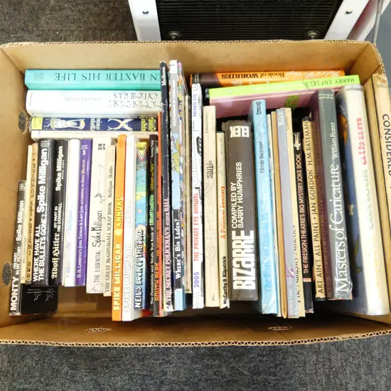BOX OF BOOKS ON ENGLISH COMEDY INCL SPIKE MULLIGAN etc
