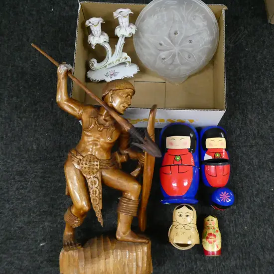 SMALL BOX CARVED WOODEN HUNTER H430MM BUSHKA DOLLS CHINA CANDLESTICK & FISH GLASS BOWL