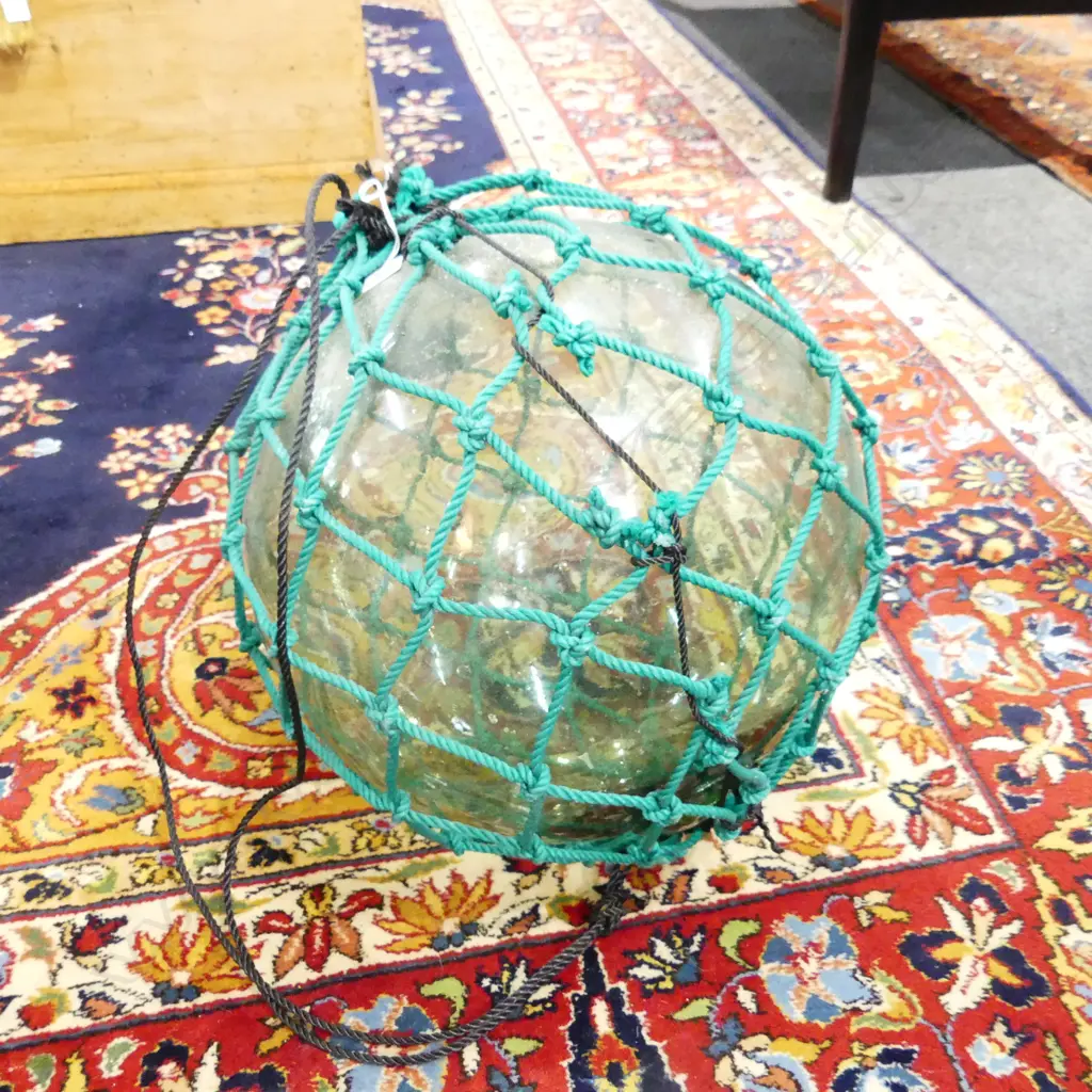 OLD GLASS FISHING FLOAT w. NETTING, APPROX DIA.350mm, hand blown Image 1++