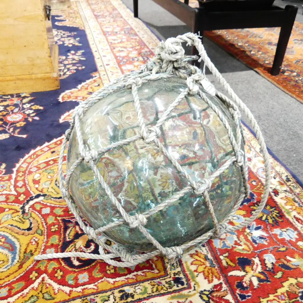 OLD GLASS FISHING FLOAT w. NETTING, APPROX DIA.350mm, hand blown Image 1++
