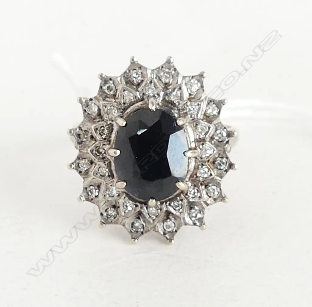 9CT DARK SAPPHIRE AND SINGLE CUT DIAMONDS RING, 5.7gms SIZE Q Image 1++