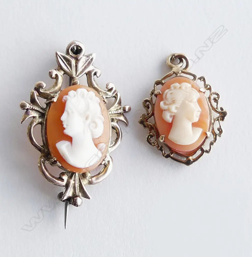 2 9CT CAMEOS; PENDANT & BROOCH W.30mm 4.9gms Image 1++