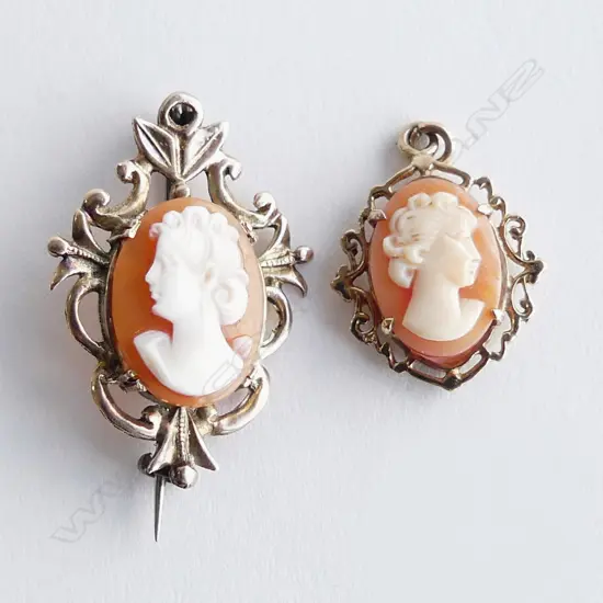 2 9CT CAMEOS; PENDANT & BROOCH W.30mm 4.9gms