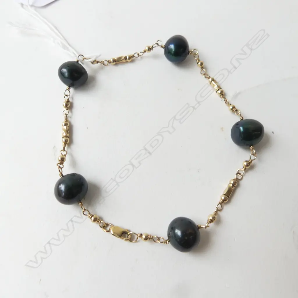 9ct? GOLD & BLACK PEARL BRACELET gold plated clasp Image 1++