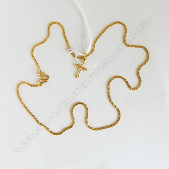 22/24ct YELLOW GOLD NECKLACE flat entwined S-form L.420mm with gold cross 9.96gms