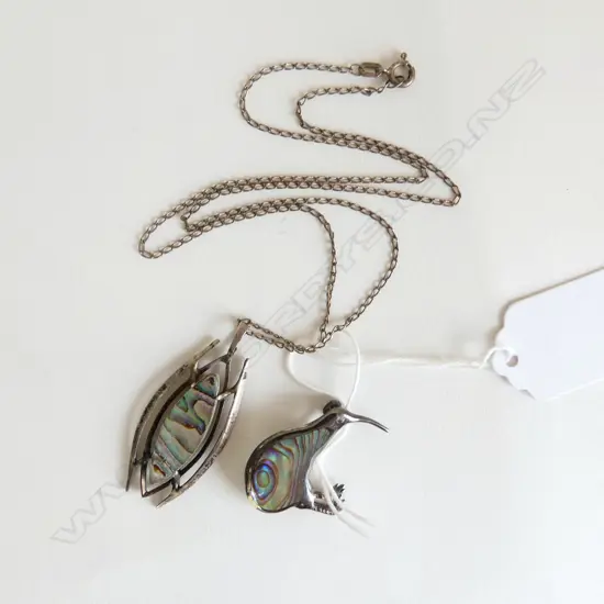 AATAHUA VINTAGE SILVER & PAUA SHELL KIWI BROOCH & SIMILAR PENDANT on chain