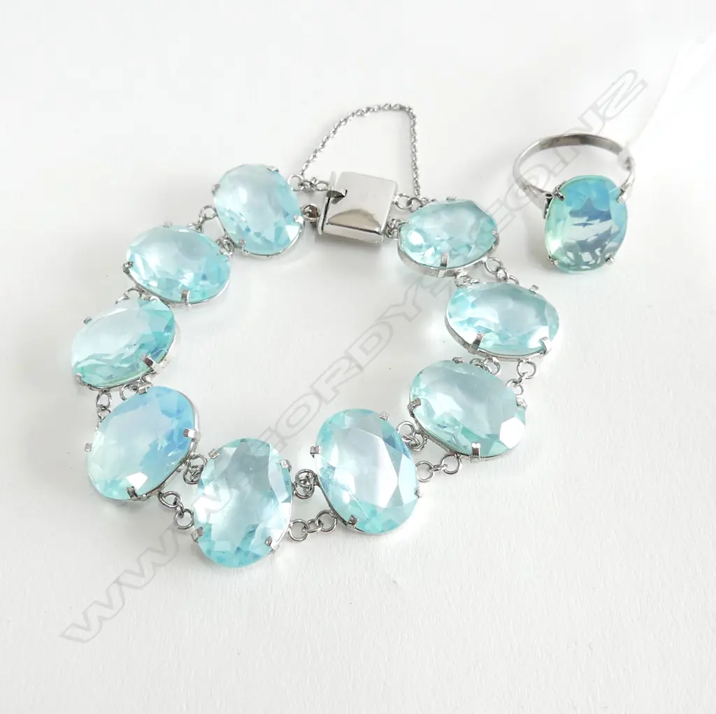BLUE GLASS RING W. MATCHING BRACELET SIZE Q Image 1++