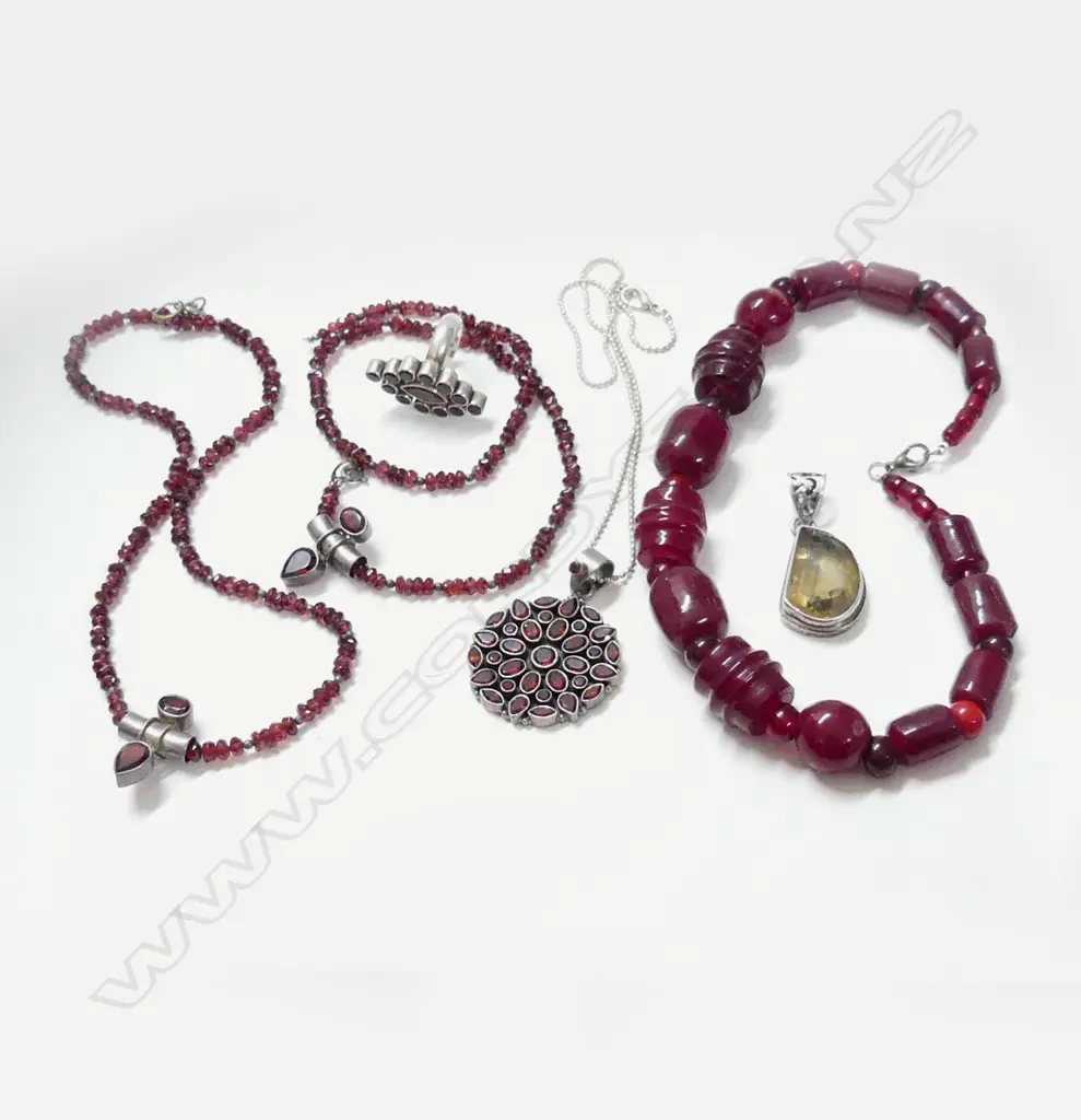 4 NECKLACES (3 GARNET) + STG RING & PENDANT RING SIZE O Image 1++