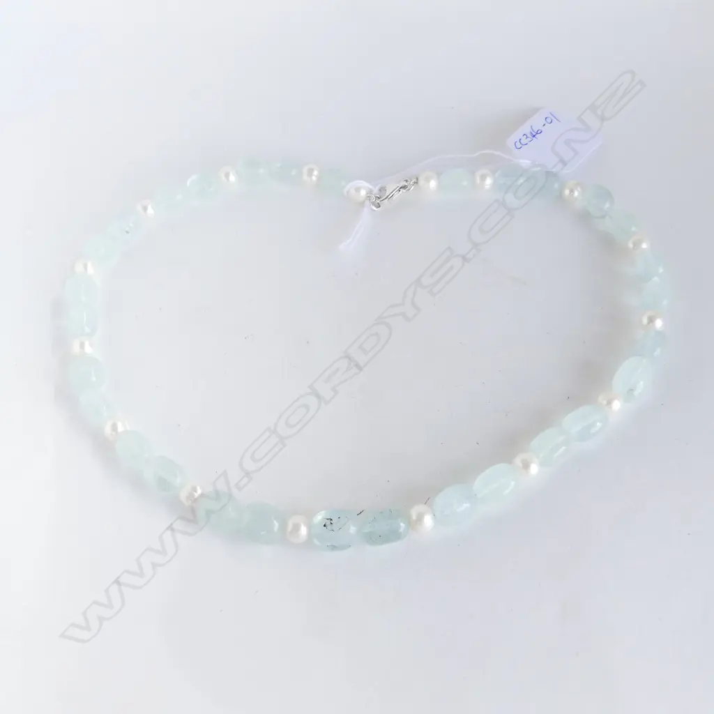 AQUAMARINE & PEARL NECKLACE w SILVER CLASP Image 1++
