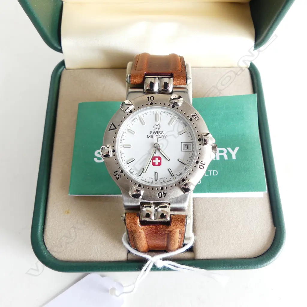 SWISS MILITARY WRIST WATCH BOX & CERT NOT WORKING Image 1++