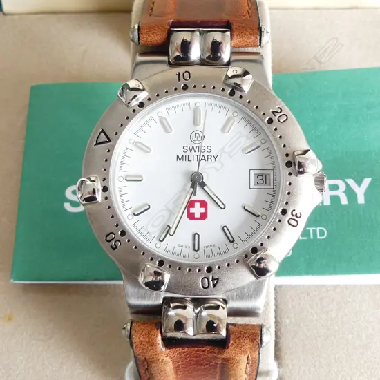 SWISS MILITARY WRIST WATCH BOX & CERT NOT WORKING