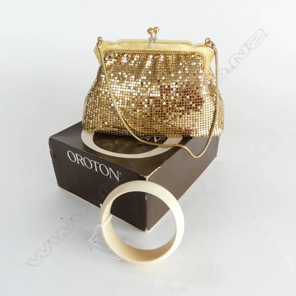 GOLD TONE OROTON PURSE, BOXED AS NEW + IVORY BANGLE 65mm int. dia. Image 1++