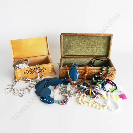 2 DECORATED WOODEN BOXES w. ASST. COSTUME JEWELLERY