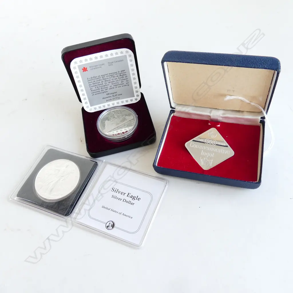 2 SILVER COINS & INGOT; CANADA COM. COIN, USA SILVER EAGLE DOLLAR 1997, 1982 AUS. COM. 998 SILVER INGOT 25grms Image 1++