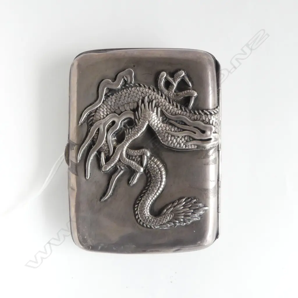JAPANESE SILVER? CIGARETTE CASE w. DRAGON DECORATION 85x60mm no marks Image 1++