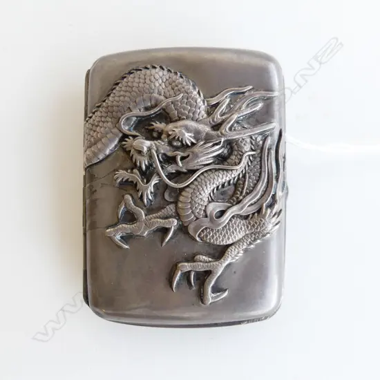 JAPANESE SILVER? CIGARETTE CASE w. DRAGON DECORATION 85x60mm no marks