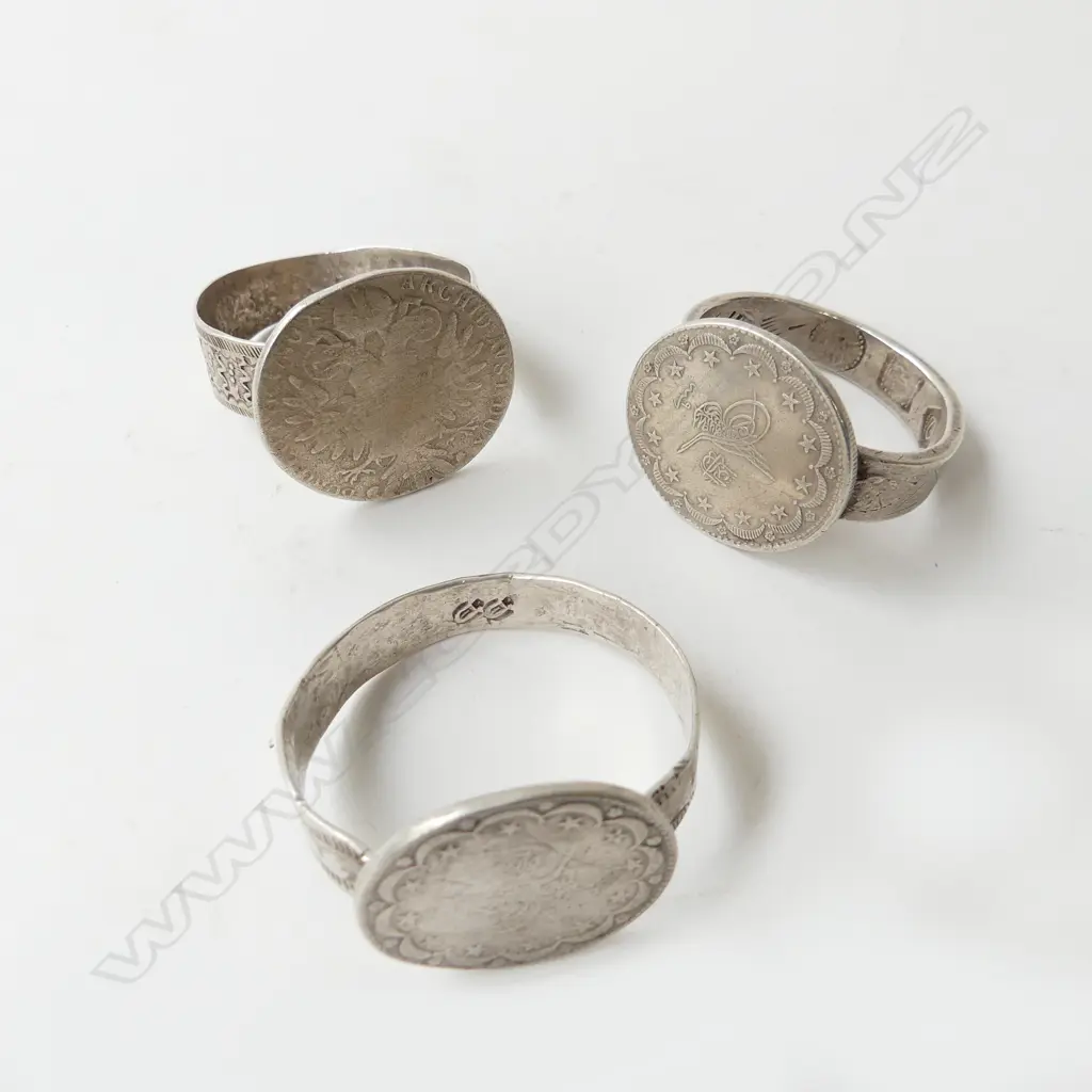 3 Middle eastern large silver coin napkin rings with various markings. 1 fitting loose 135gms Image 1++