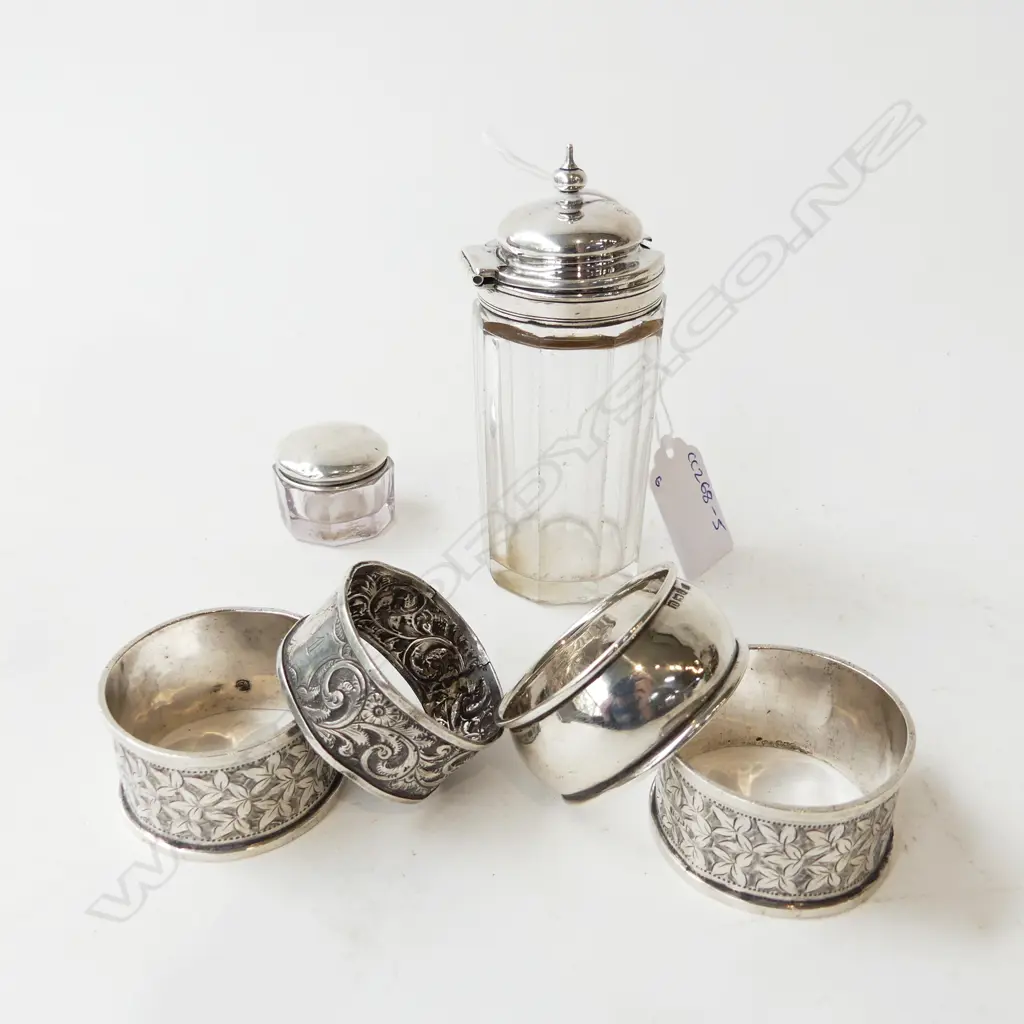 4 PCES STG SILVER; SERVIETTE RINGS 1 PR 2 OTHER 58grms, SML STG SILVER LIDDED POT w. LARGER Image 1++