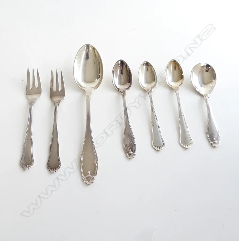 7 PCS DANISH SILVER CUTLERY DESSERT SPOON 2 TEASPOONS 2 JAM SPOONS & 2 CAKE FORKS165GMS Image 1++