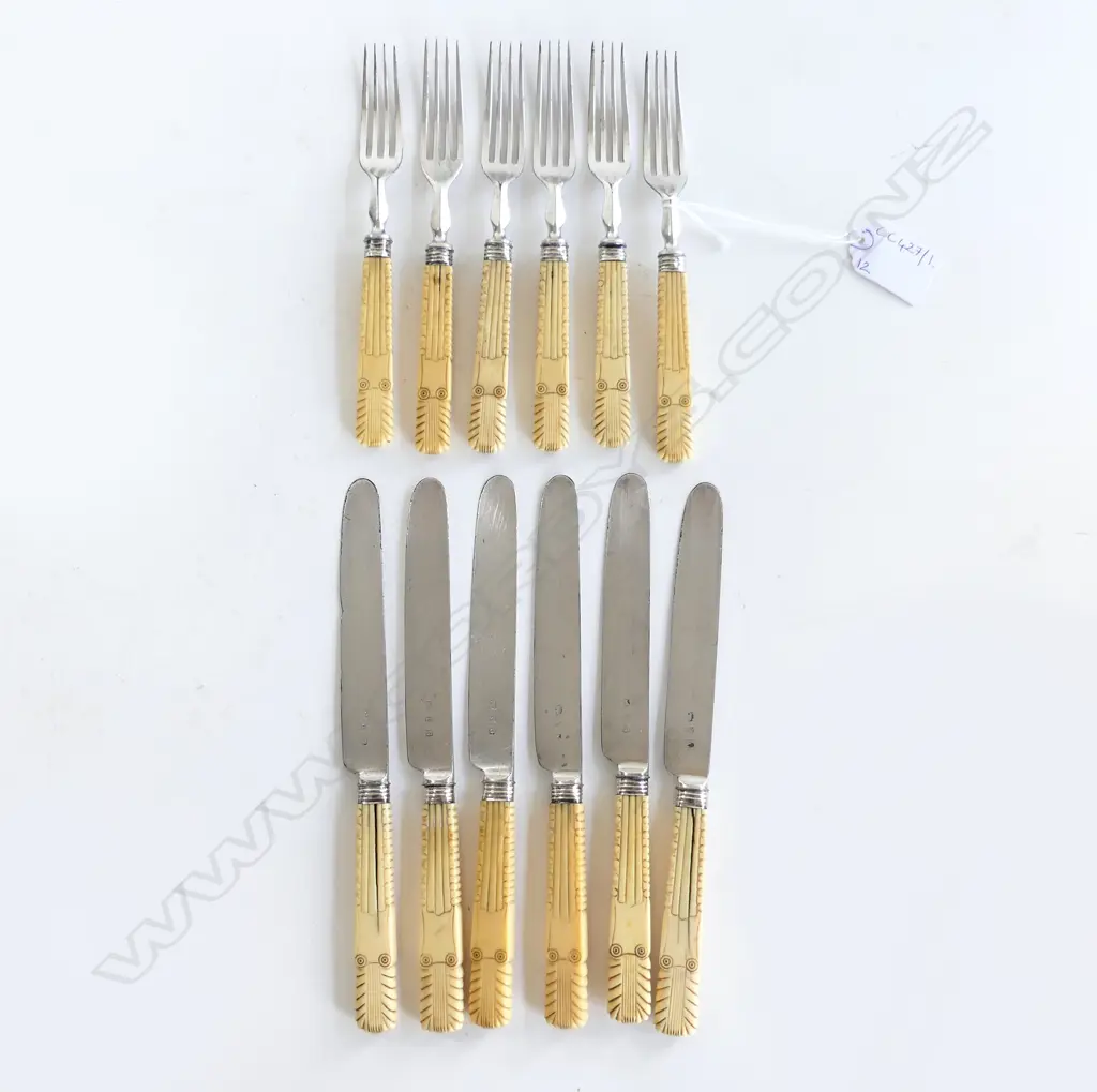 12 PCE CUTLERY SET; CARVED IVORY? HANDLES Image 1++