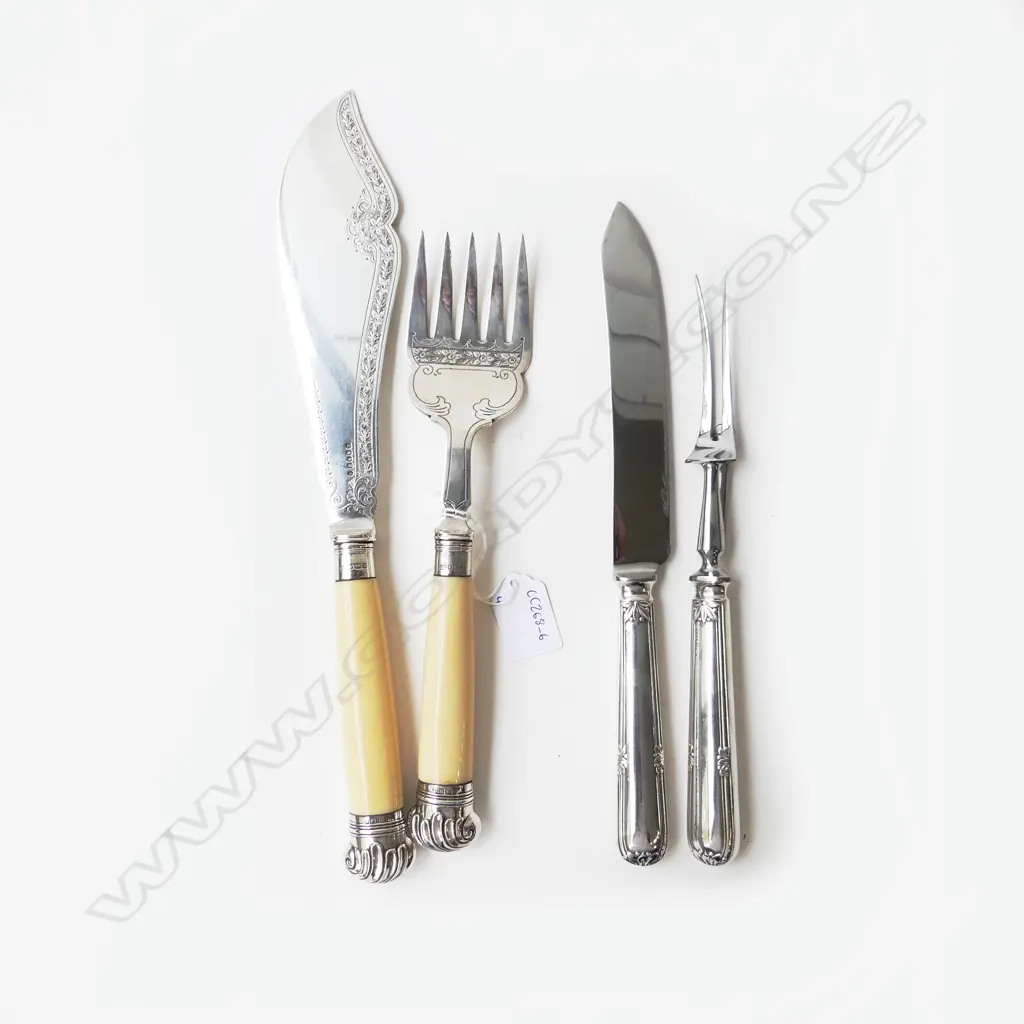 FISH SLICE & FORK w. STG SILVER KNOBS/FERRULES & IVORY; SHEF. 1912. w. WALKER & HALL EP KNIFE & FORK Image 1++