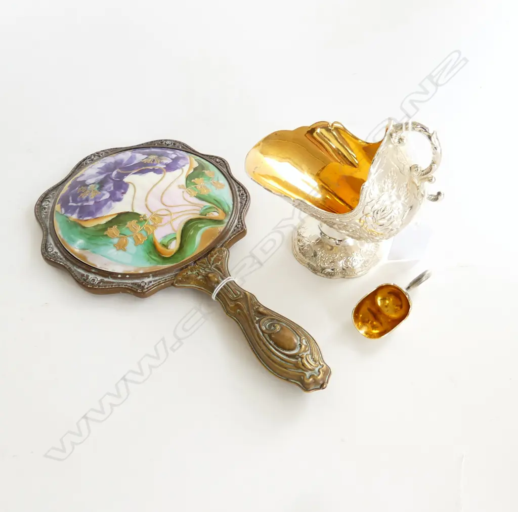 ART NOUVEAU BRASS & PURPLE POPPY PAINTED HAND MIRROR + S/PLATE SUGAR SCUTTLE W SCOOP Image 1++