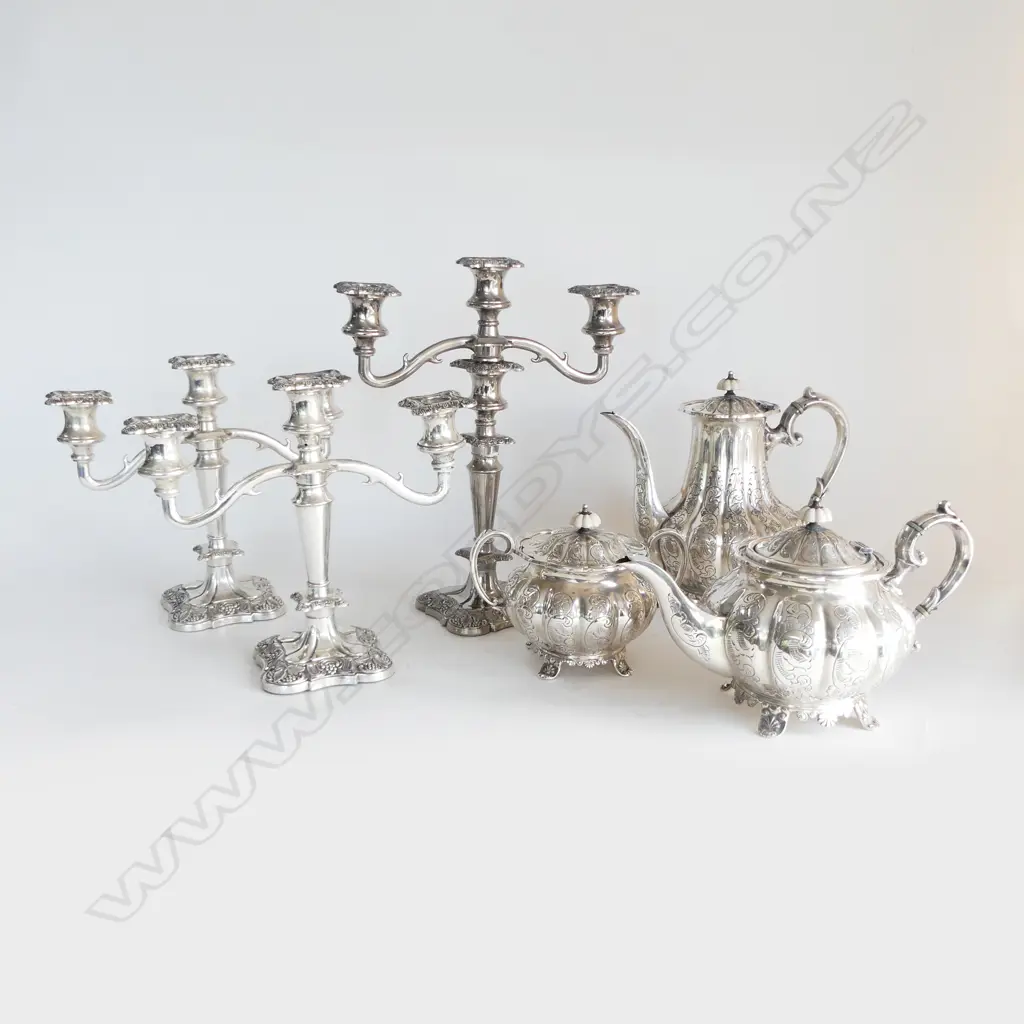 EP TEAPOT, COFFEEPOT, LIDDED SUGAR H.230mm + 3 EP CANDLESTICKS H.340mm Image 1++
