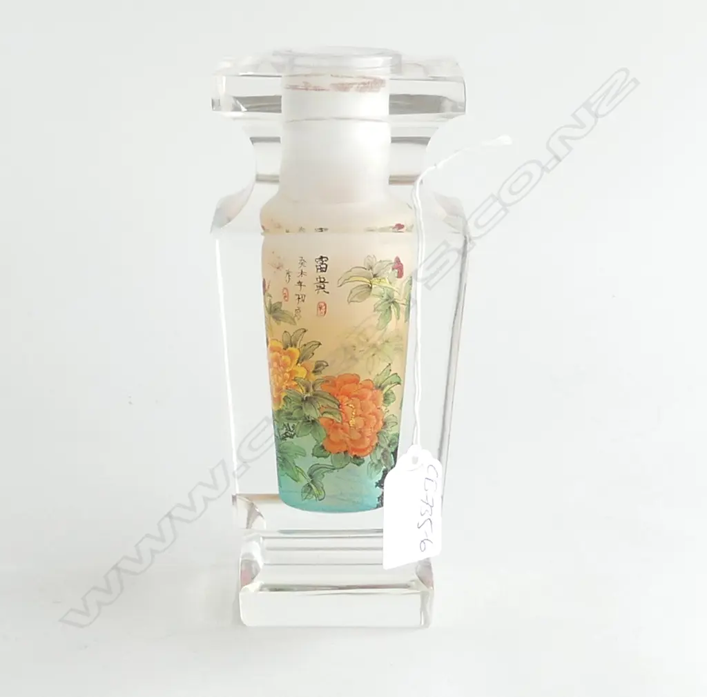 CHINESE CRYSTAL GLASS REVERSE PAINTED VASE SIGNED square section with internal glass sleeve H.70mm Image 1++