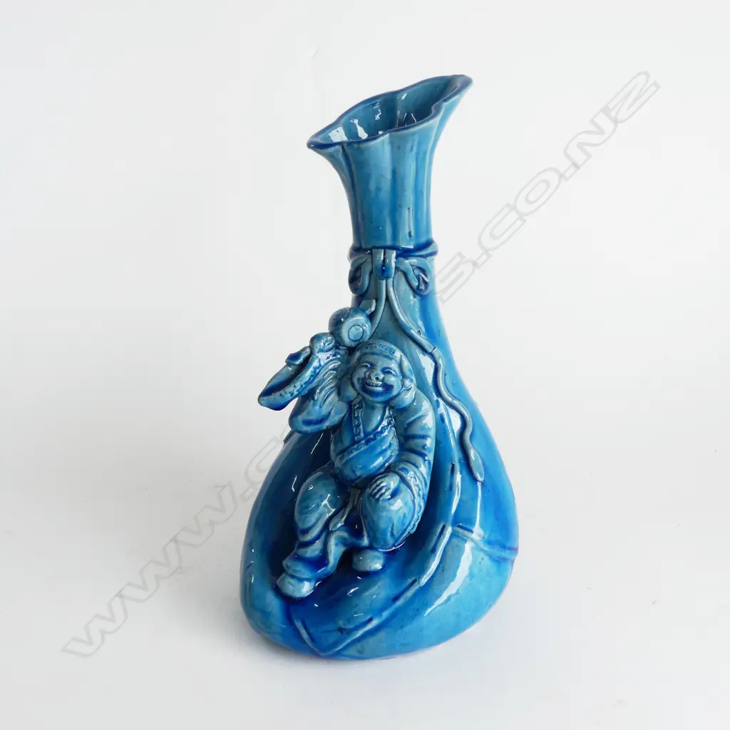 VINTAGE ORIENTAL BLUE GLAZED HOTEI VASE H250MM Image 1++