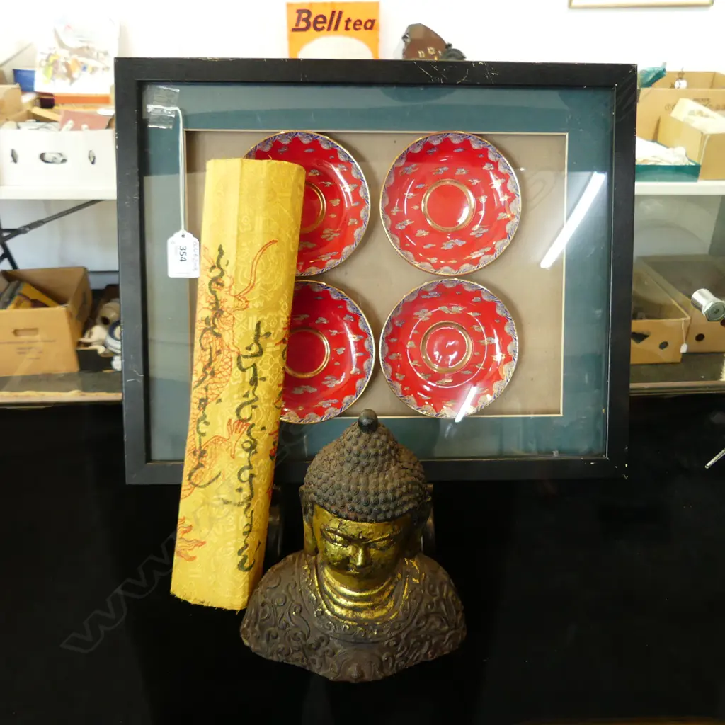 CHINESE SCROLL, 4 FRAMED PLATES & CAST IRON BUDDHA BUST, H.200mm Image 1++