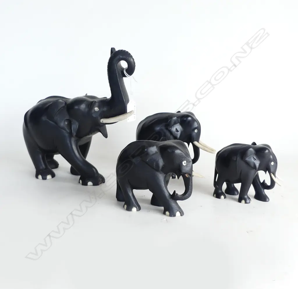 FAMILY OF 4 EBONY ELEPHANTS 2 TUSKS MISSING H230MM TALLEST Image 1++