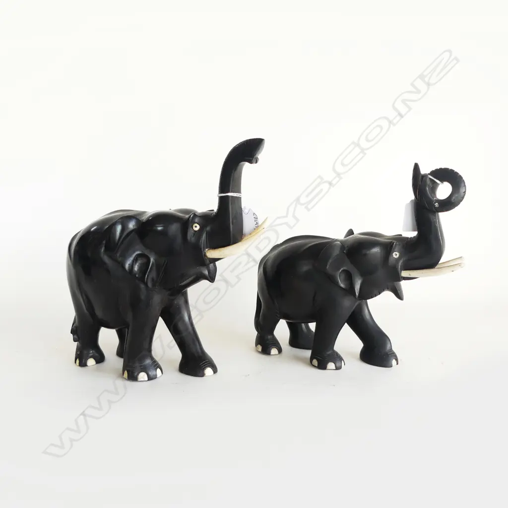 2 LARGE CARVED EBONY ELEPHANTS H250MM TALLEST Image 1++