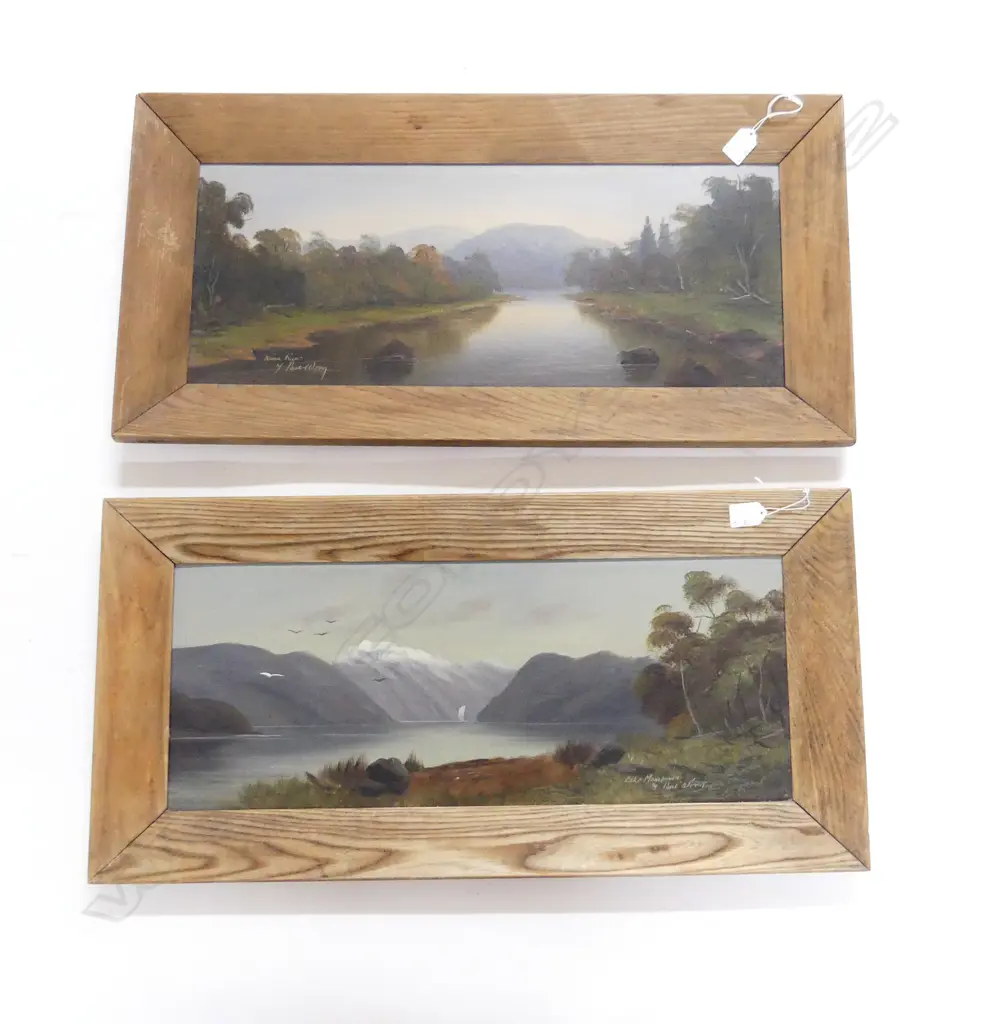 TWO EARLY NZ OILS BY PAUL WREN, LAKE MANAPOURI & WAIRAU RIVER, BOTH SIGNED & TITLED, 230x620mm Image 1++