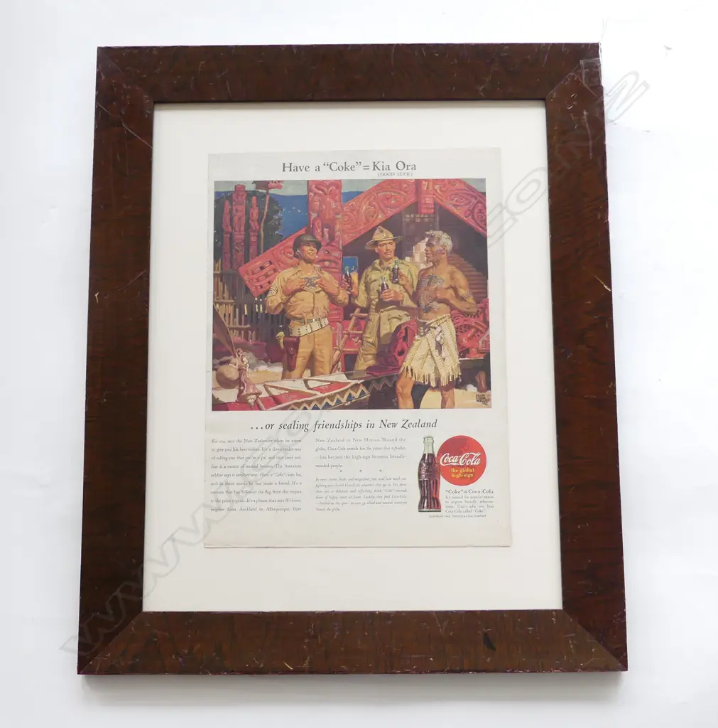 FRAMED VINTAGE COKE = KIA ORA MAGAZINE PRINT, 1944 345x255mm Image 1++
