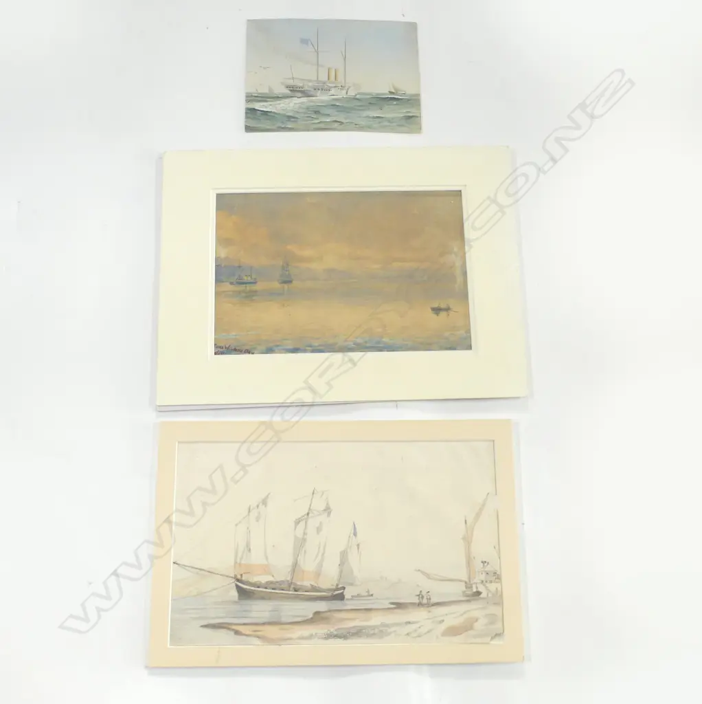 3 ANTIQUE MARINE WATERCOLOURS: French steam & sail ship + W. Wylde + Fine Winter's Day Wellington. Largest 230 x 380mm Image 1++