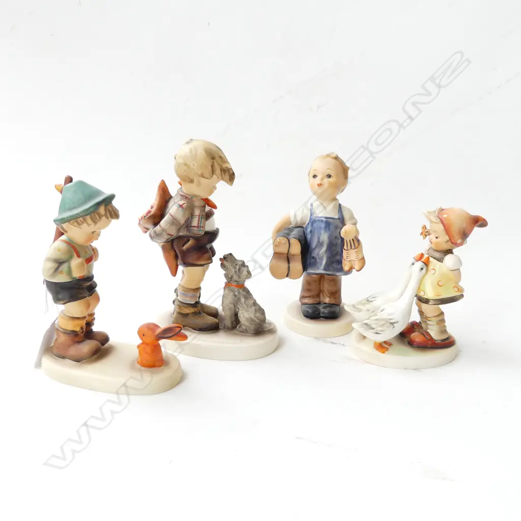 4 HUMMEL FIGURINES; 2 BOYS w. ANIMALS, GIRL w. DUCKS, COBBLER, (BOY & BUNNY REPAIRED)  H.140mm Image 1++