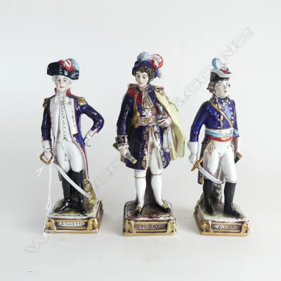 3 SCHEIBE ALSBACH PORCELAIN FIGURES; GENERAL LA FAYETTE (SWORD REPAIRED),MARSHAL MURAT & KLEBER H.235mm 