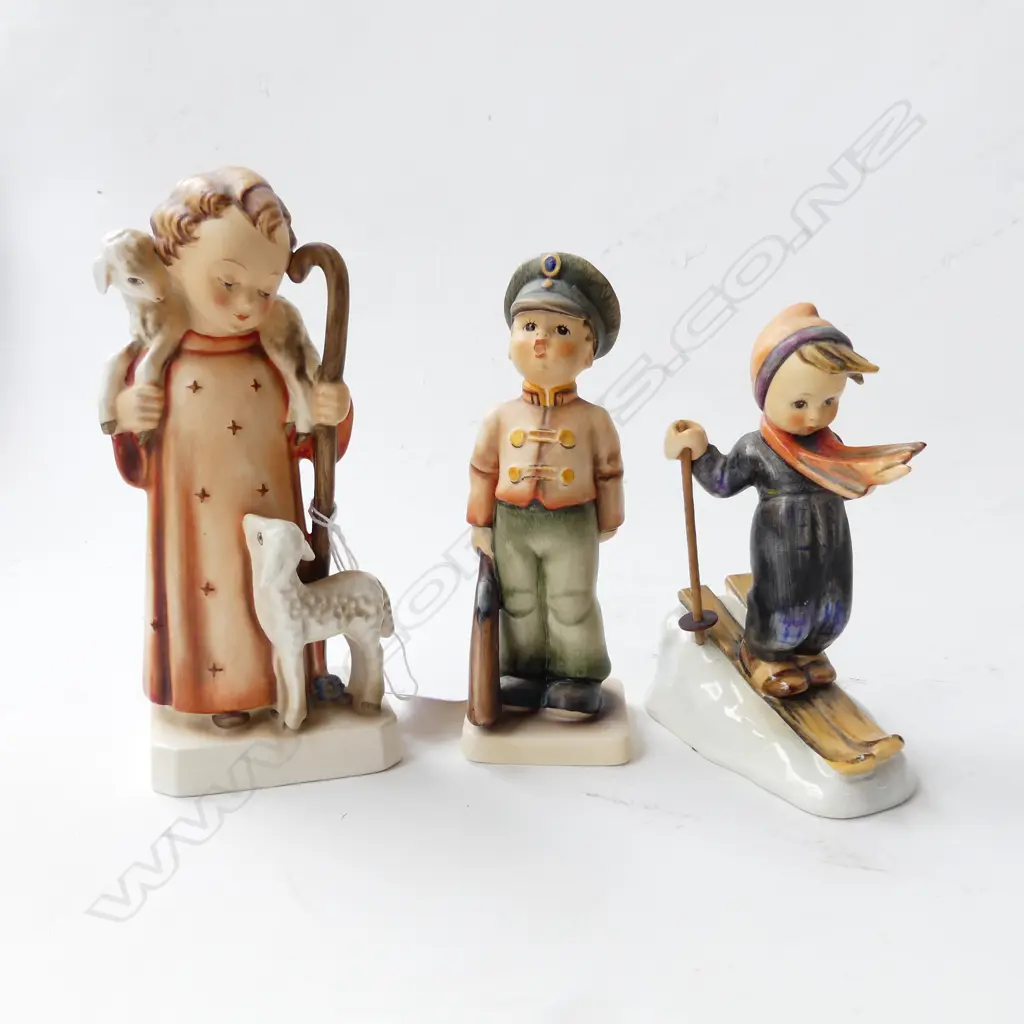 3 HUMMEL FIGURINES; CHILDw. SKIS, BOY in UNIFORM, GIRL SHEPHERD 160mm Image 1++