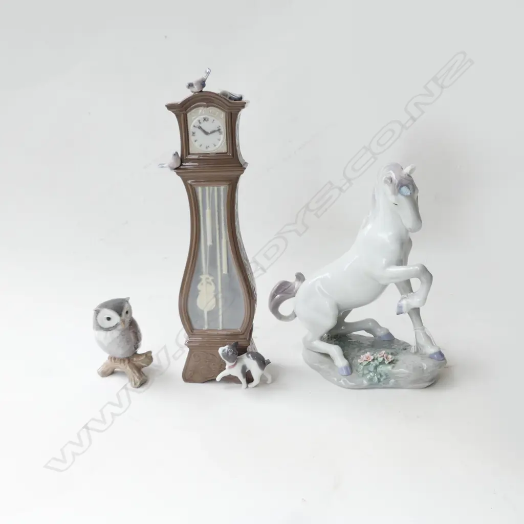 3 LLADRO, OWL, #6978 GRANDFATHER CLOCK H.300mm, #7697 UNICORN, FAULTS Image 1++
