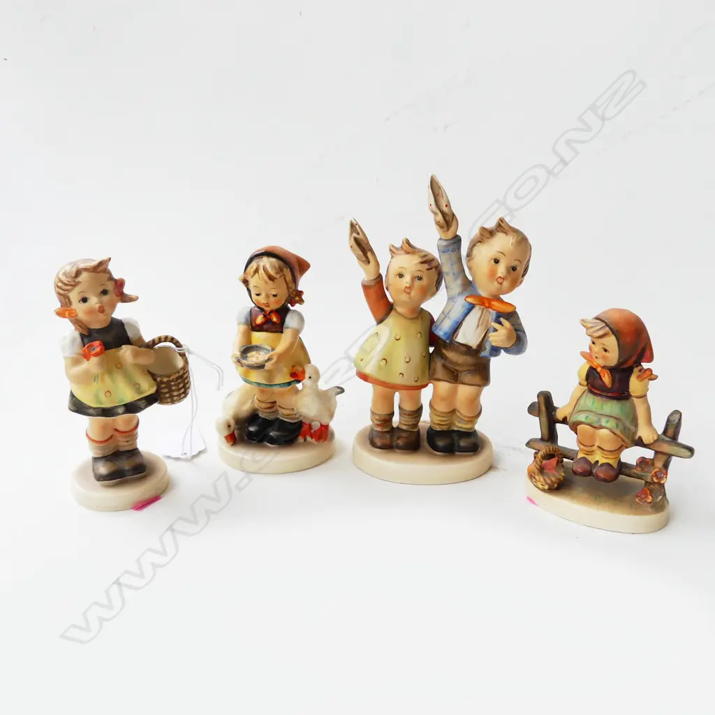 4 HUMMEL FIGURINES, GIRL w. GEESE (REPAIRED), GIRL ON FENCE, etc, H.150mm Image 1++