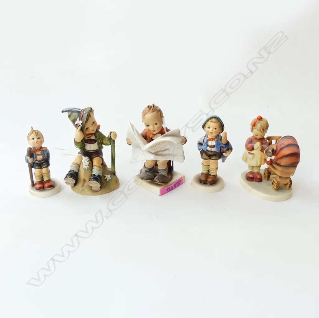 5 HUMMEL FIGURINES; BOY w. PIG, 2 TRAVELLERS, etc (3 w. REPAIR & LOSS) H.120mm Image 1++