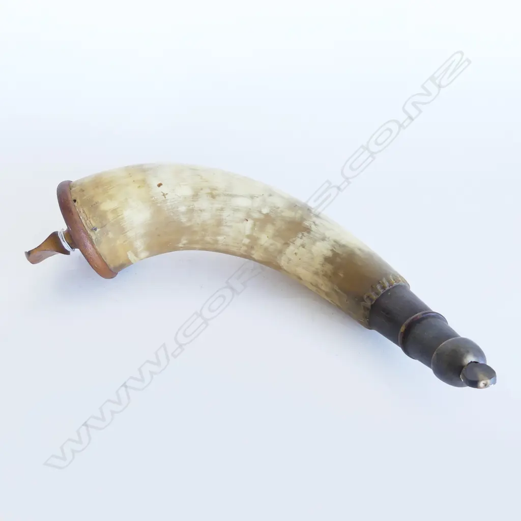 OLD COW HORN POWDER FLASK WITH Wood & turned horn fittings L.320mm/ Image 1++